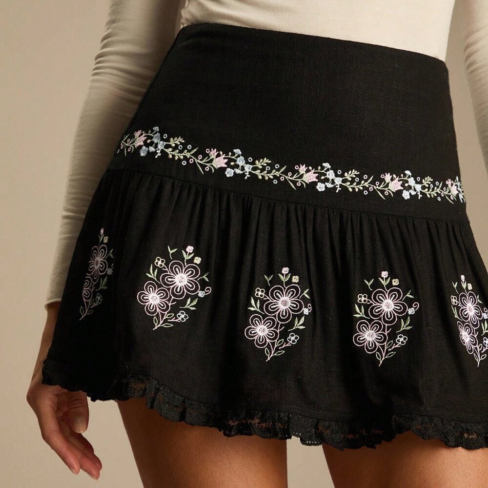 Black Boho Women's Floral Embroidered Mini Skirt - Picture 7 of 7